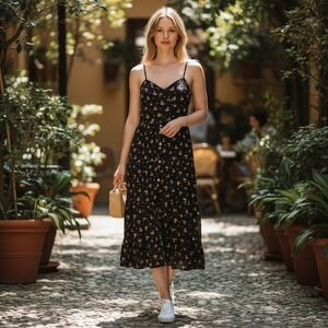 Band of Gypsies Midi Dress Women M Black Floral Smocked Cottagecore Boho